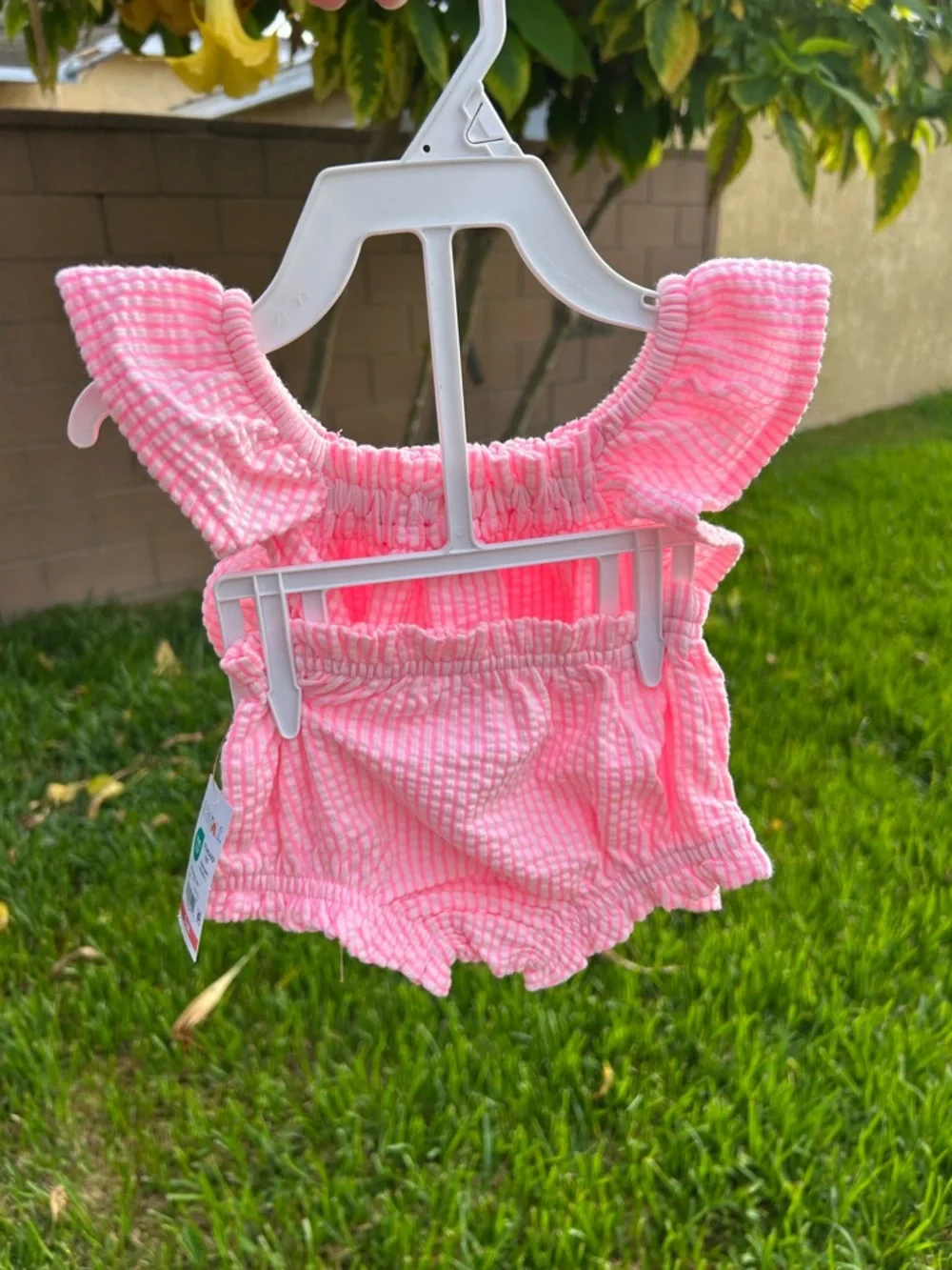 Pink Seersucker Baby Top and bottom  - 3-6M